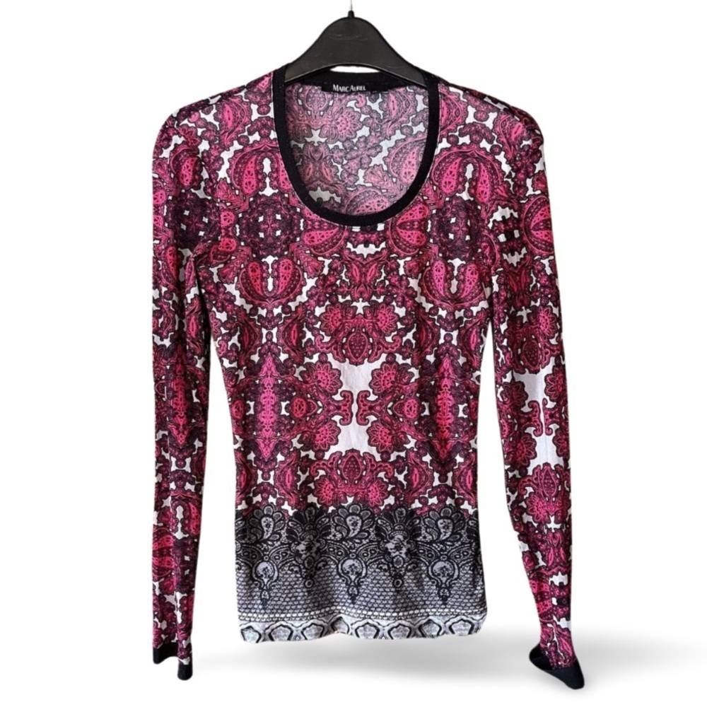 Marc Aurel Pink & Black Ornamental Mesh Top – Y2K – Size Small